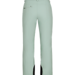 Obermeyer Women's Malta Insulated Pant 2025 - A pair of light green snow pants with a black stripe on the side and two zippered pockets at the back.