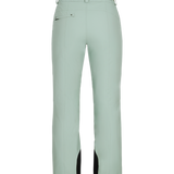 Obermeyer Women's Malta Insulated Pant 2025 - A pair of light green snow pants with a black stripe on the side and two zippered pockets at the back.