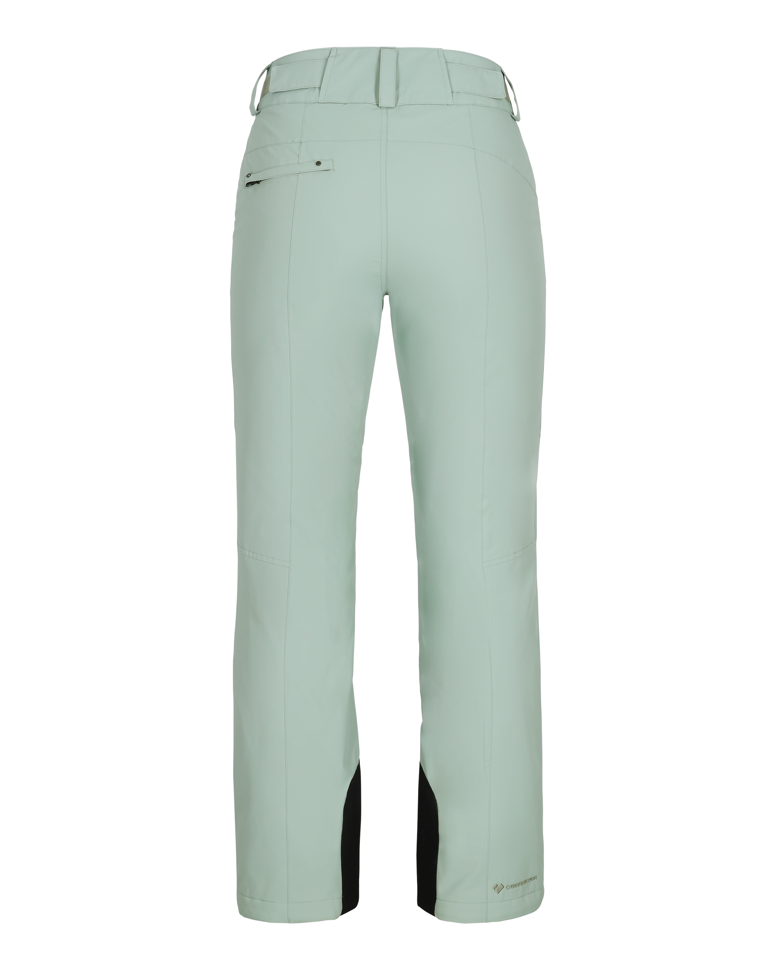 Obermeyer Women's Malta Insulated Pant 2025 - A pair of light green snow pants with a black stripe on the side and two zippered pockets at the back.