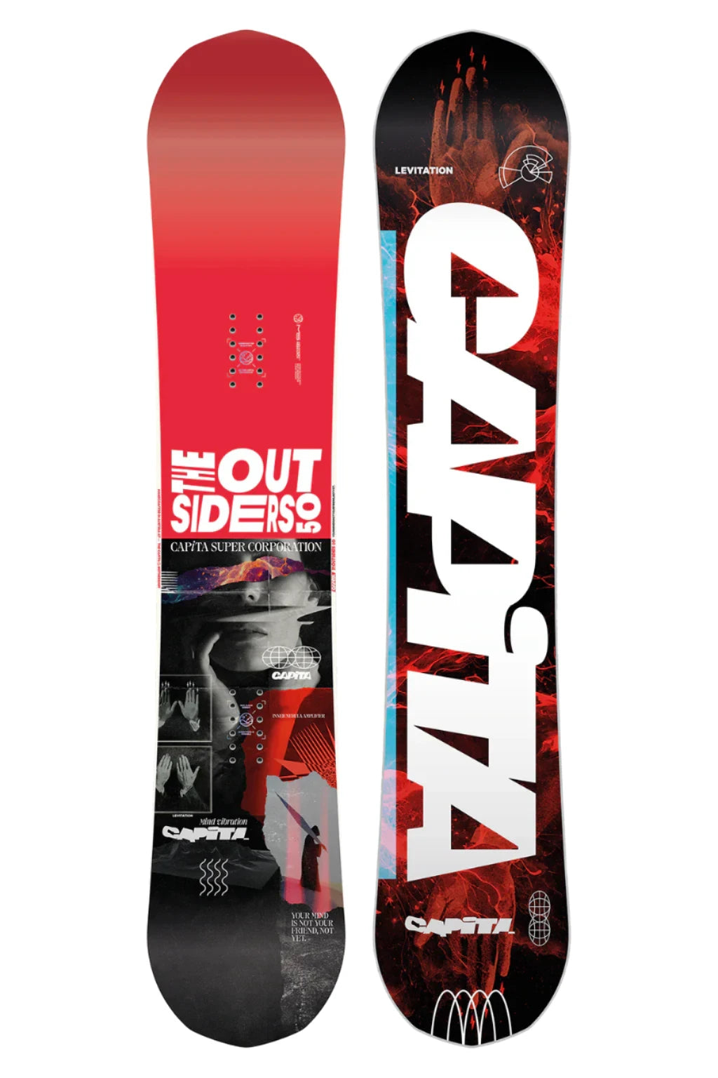 CAPiTA The Outsiders Snowboard 2025 - A red snowboard with a white logo and text on top, featuring a black-and-white image of a man's face in the center.