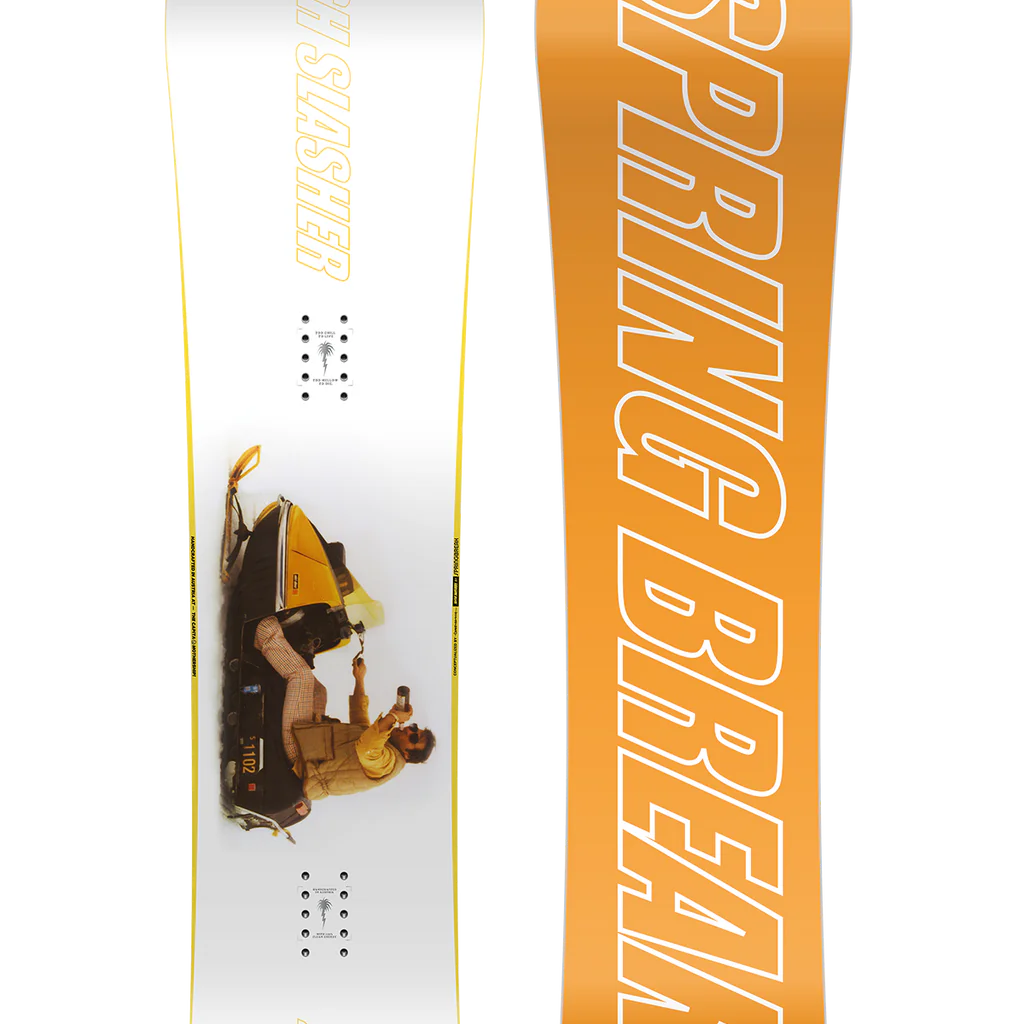 CAPiTA Spring Break Slush Slasher 2.0 Snowboard 2025 - A snowboard with a white base and yellow lettering that reads "Spring Break" on the top side, featuring a graphic of a man in a plaid shirt holding a surfboard.