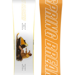 CAPiTA Spring Break Slush Slasher 2.0 Snowboard 2025 - A snowboard with a white base and yellow lettering that reads "Spring Break" on the top side, featuring a graphic of a man in a plaid shirt holding a surfboard.