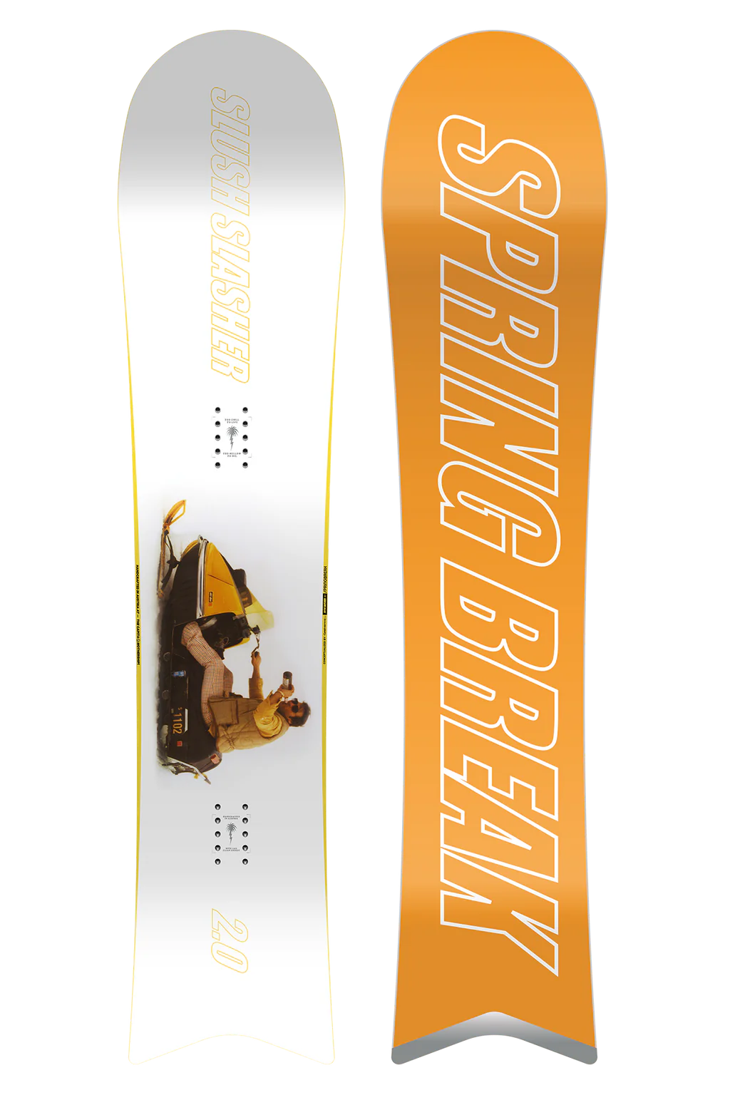 CAPiTA Spring Break Slush Slasher 2.0 Snowboard 2025 - A snowboard with a white base and yellow lettering that reads "Spring Break" on the top side, featuring a graphic of a man in a plaid shirt holding a surfboard.