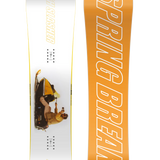 CAPiTA Spring Break Slush Slasher 2.0 Snowboard 2025 - A snowboard with a white base and yellow lettering that reads "Spring Break" on the top side, featuring a graphic of a man in a plaid shirt holding a surfboard.