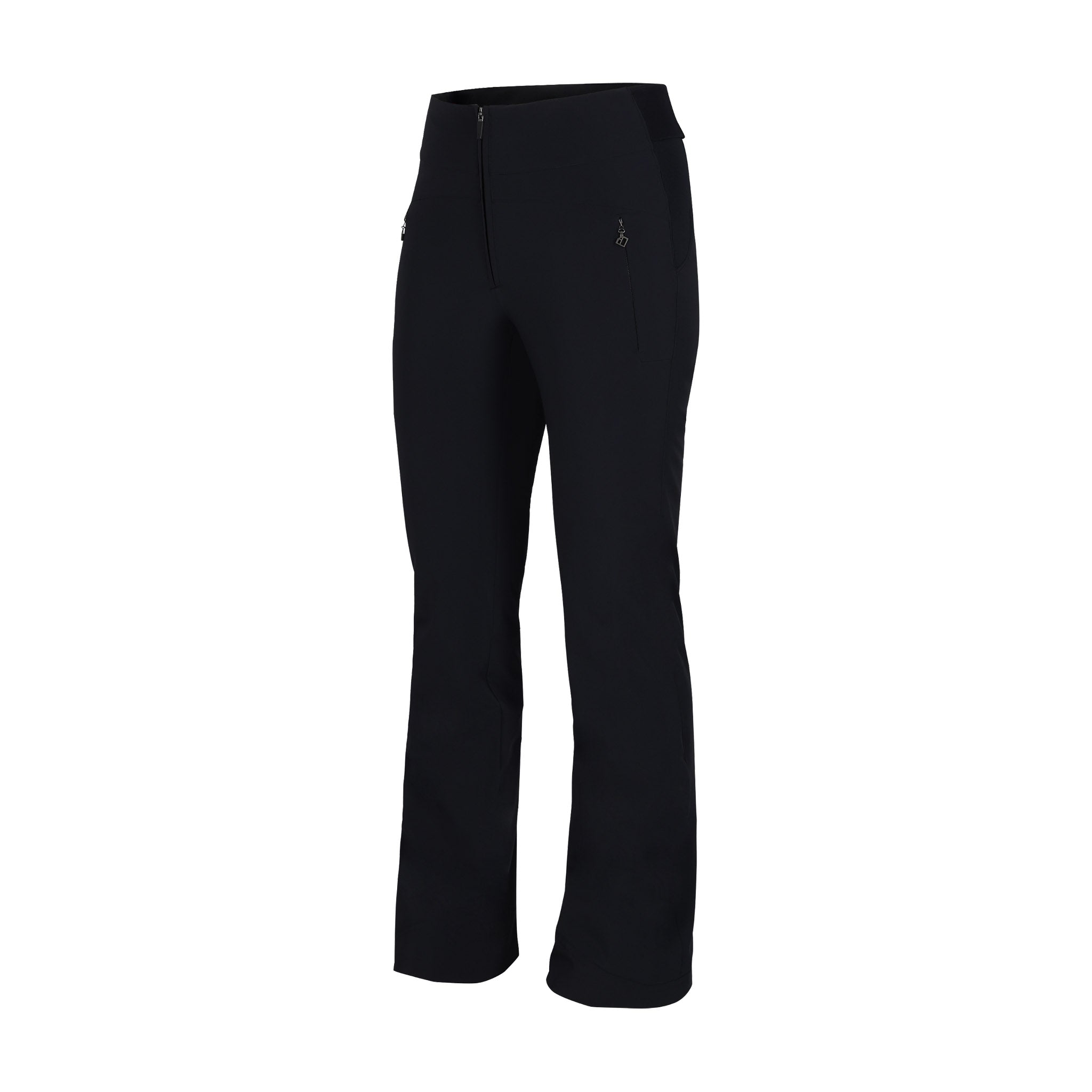 Obermeyer Women's Cloud Nine Insulated Pant 2025 - Black insulated ski pants with a zippered pocket on the right thigh and a small zipper pull.
