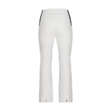 Obermeyer Women's Cloud Nine Insulated Pant 2025 - A pair of white ski pants with a black stripe down the side, featuring a zippered pocket on the back.