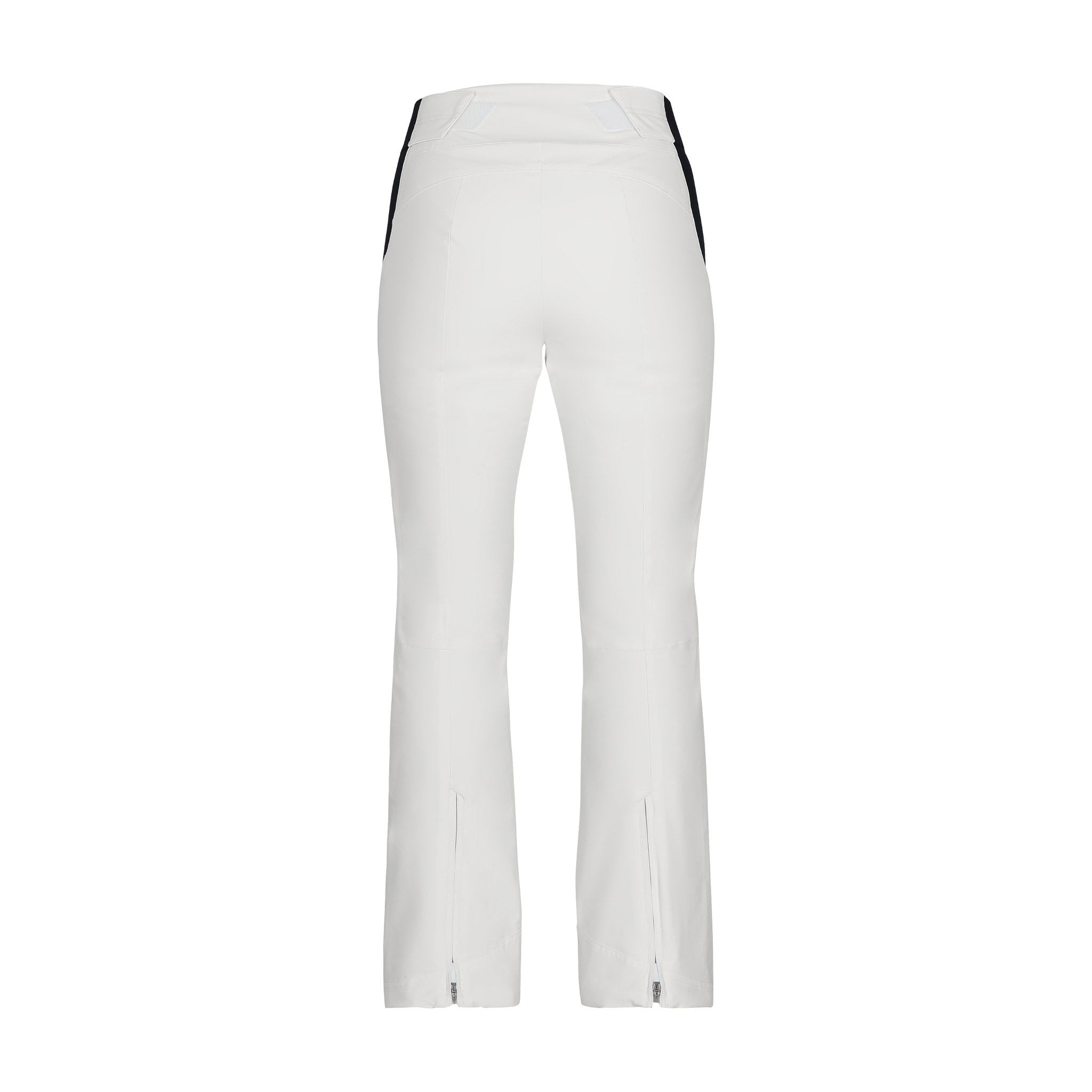 Obermeyer Women's Cloud Nine Insulated Pant 2025 - A pair of white ski pants with a black stripe down the side, featuring a zippered pocket on the back.