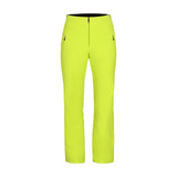 Obermeyer Women's Cloud Nine Insulated Pant 2025 - A pair of bright yellow ski pants with zippered pockets and a black zipper at the top.