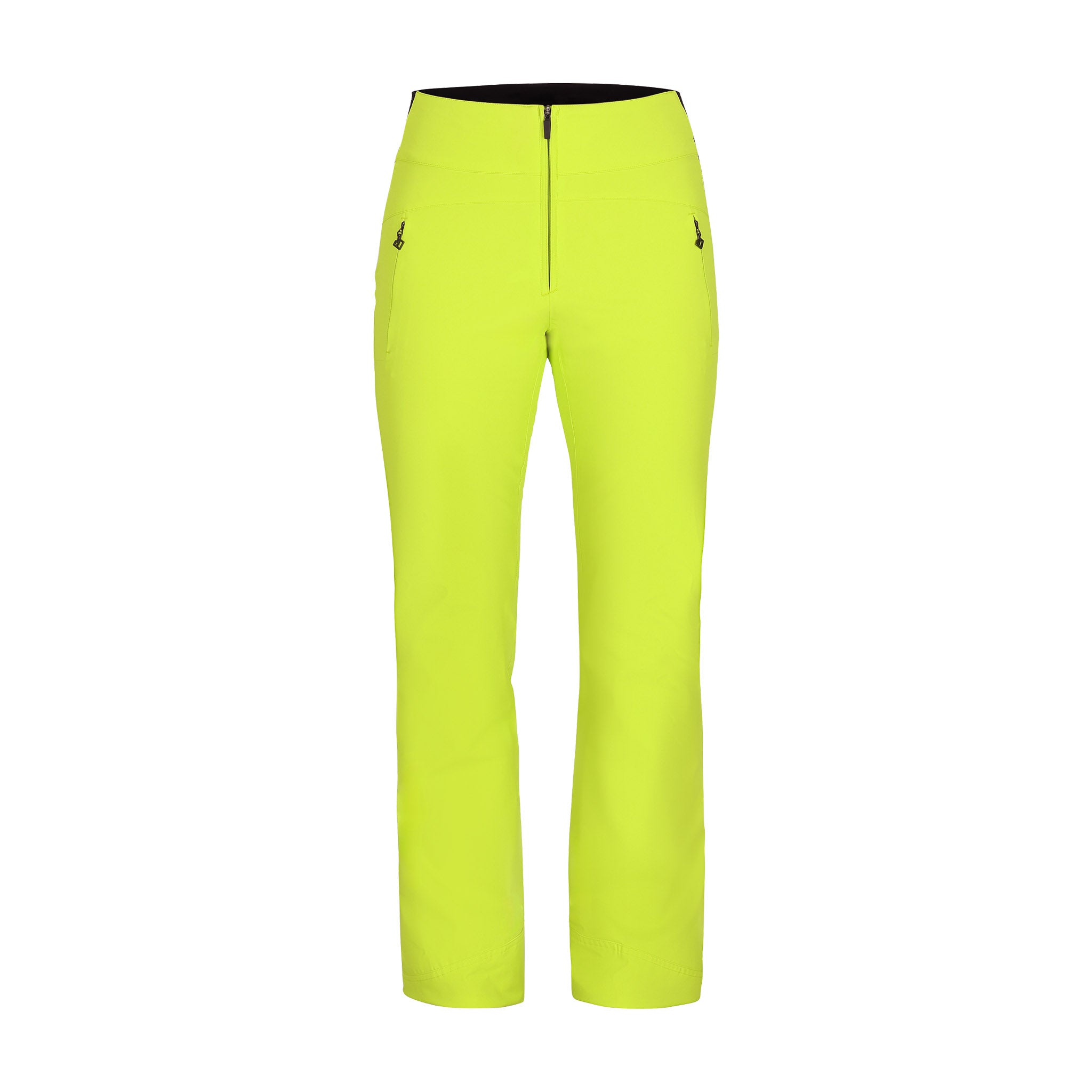 Obermeyer Women's Cloud Nine Insulated Pant 2025 - A pair of bright yellow ski pants with zippered pockets and a black zipper at the top.