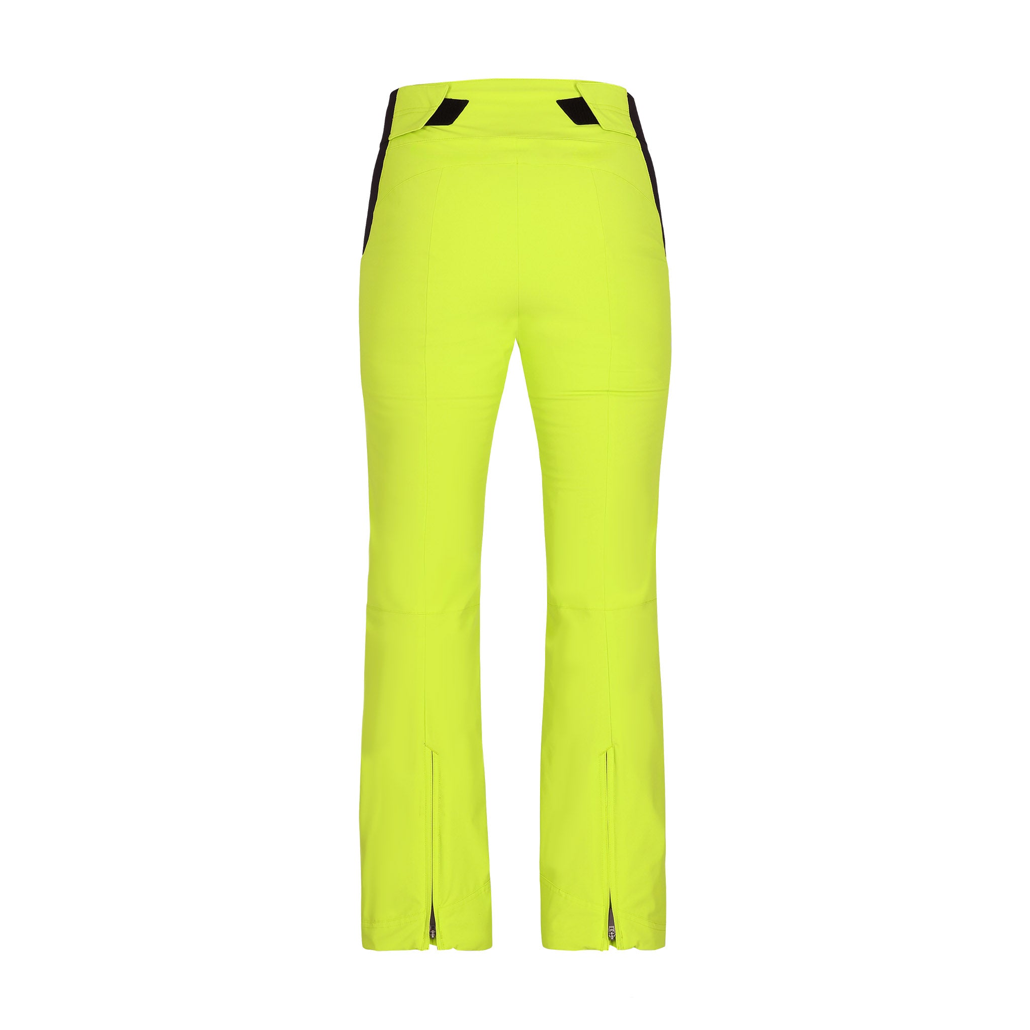 Obermeyer Women's Cloud Nine Insulated Pant 2025 - A pair of bright yellow ski pants with black accents on the side seams and a zippered pocket at the back.