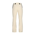 Obermeyer Women's Cloud Nine Insulated Pant 2025 - A pair of cream-colored snow pants with black trim and a zippered pocket on the side.