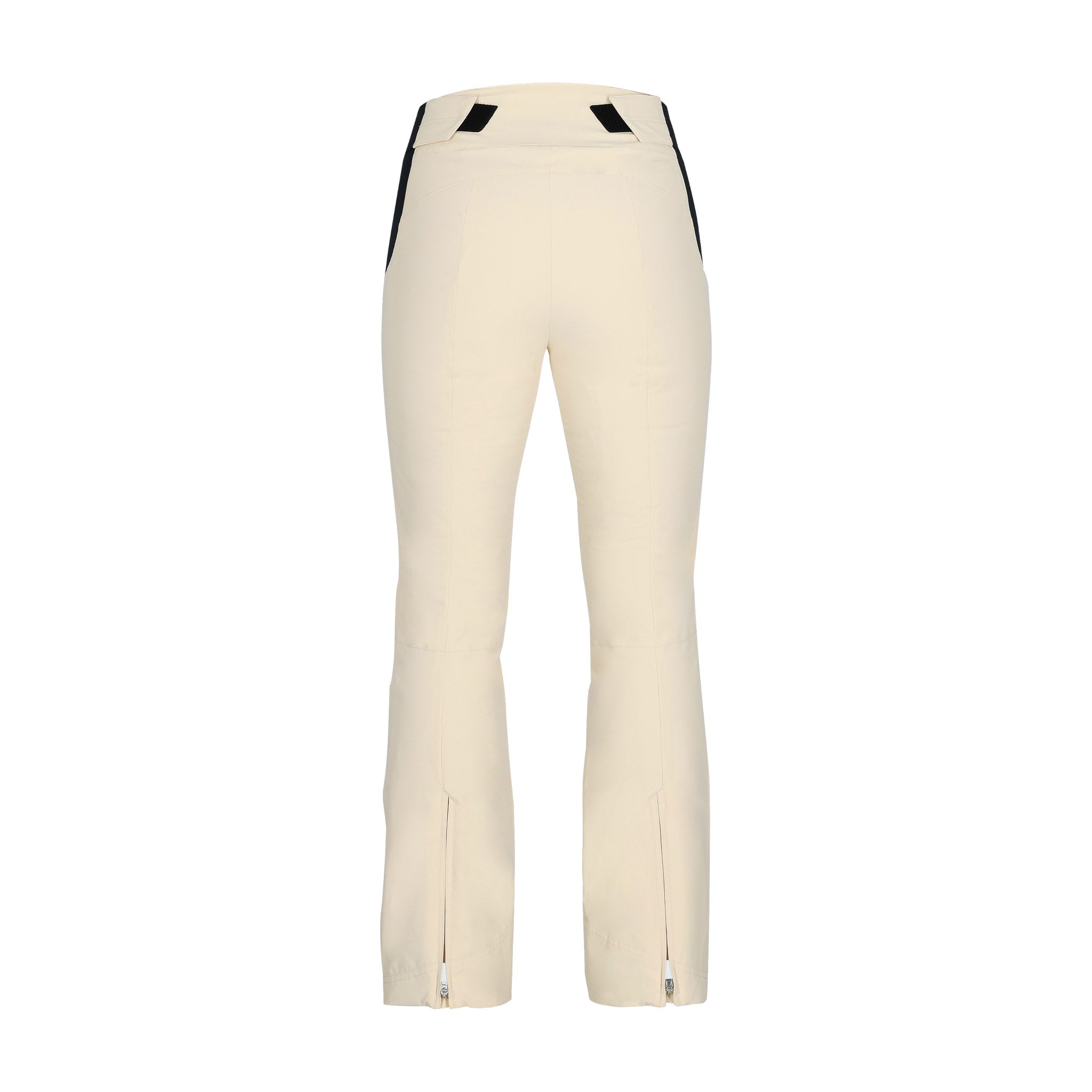 Obermeyer Women's Cloud Nine Insulated Pant 2025 - A pair of cream-colored snow pants with black trim and a zippered pocket on the side.
