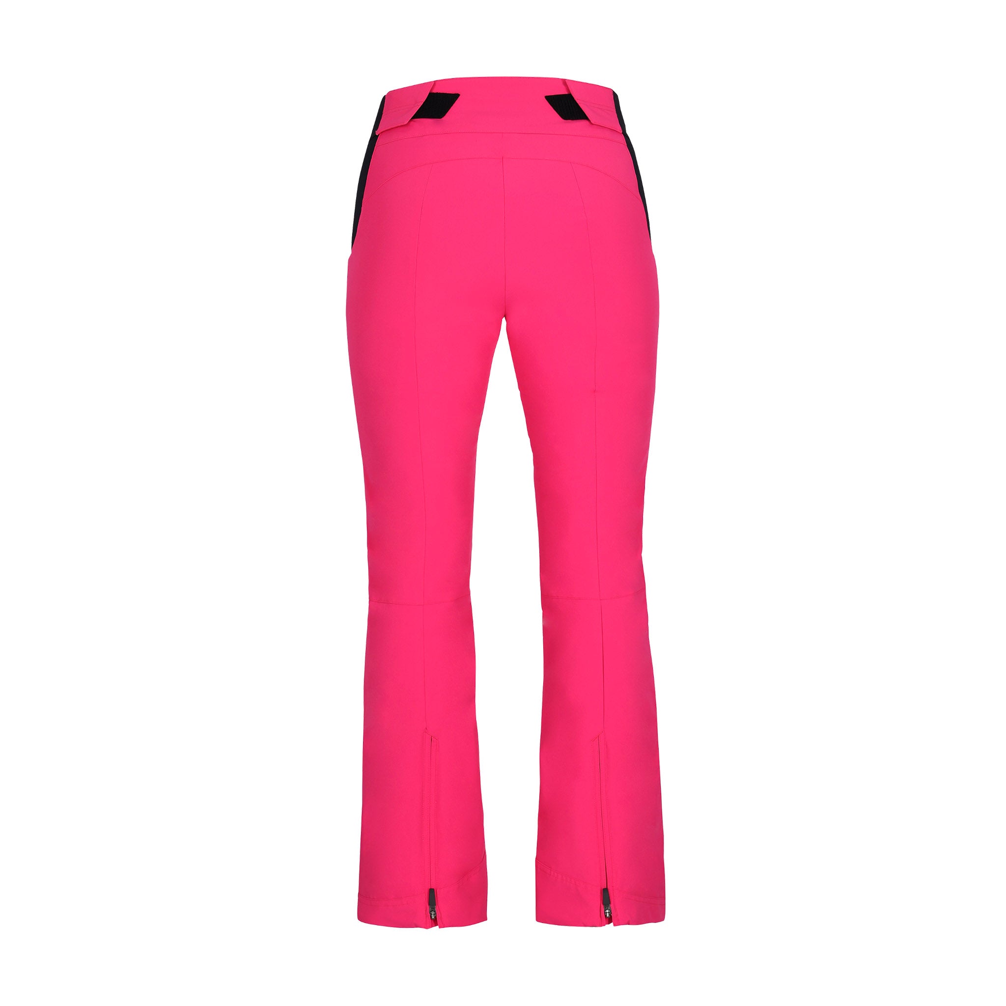 Obermeyer Women's Cloud Nine Insulated Pant 2025 - A pair of bright pink ski pants with black accents on the side pockets and a black zipper at the bottom.