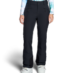 Black insulated ski pants with front button-and-zip closure and belt loops