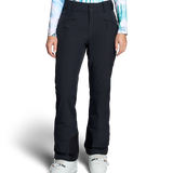 Black insulated ski pants with front button-and-zip closure and belt loops