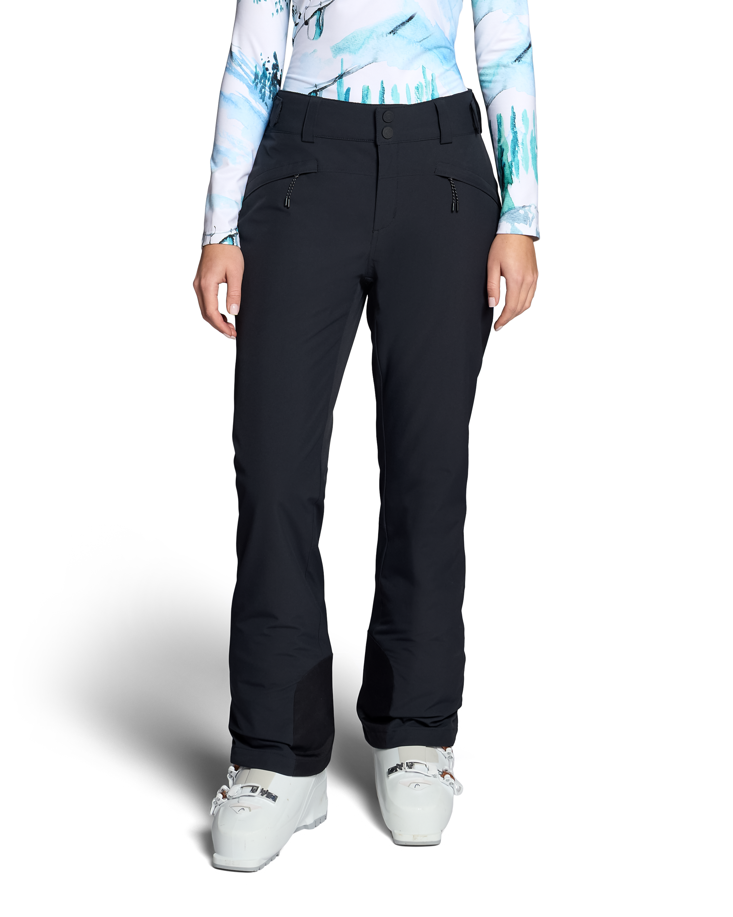 Black insulated ski pants with front button-and-zip closure and belt loops