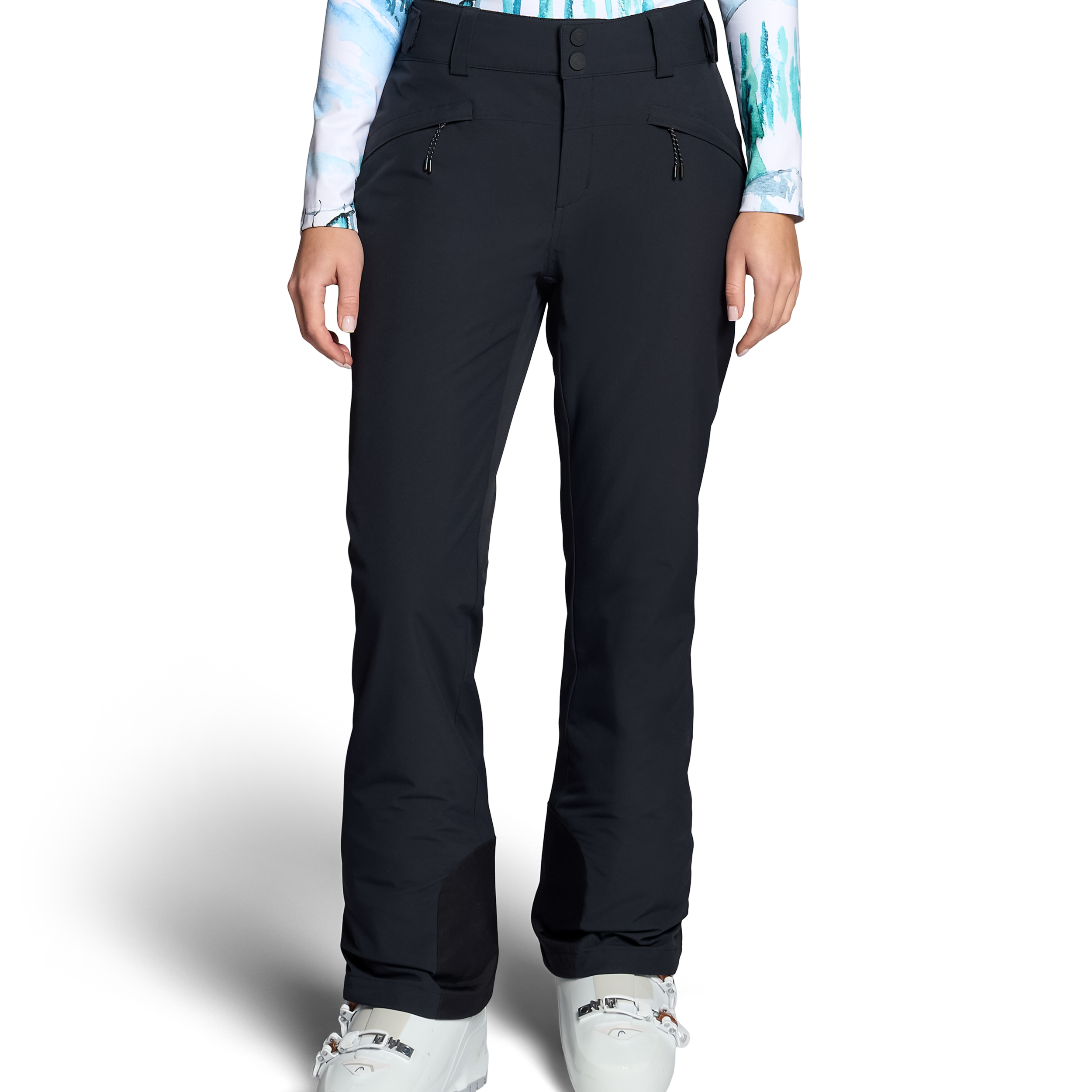 Black insulated ski pants with front button and zip, belt loops, and cargo-style pockets