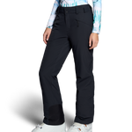Black insulated ski pants with side pockets and angled leg shape