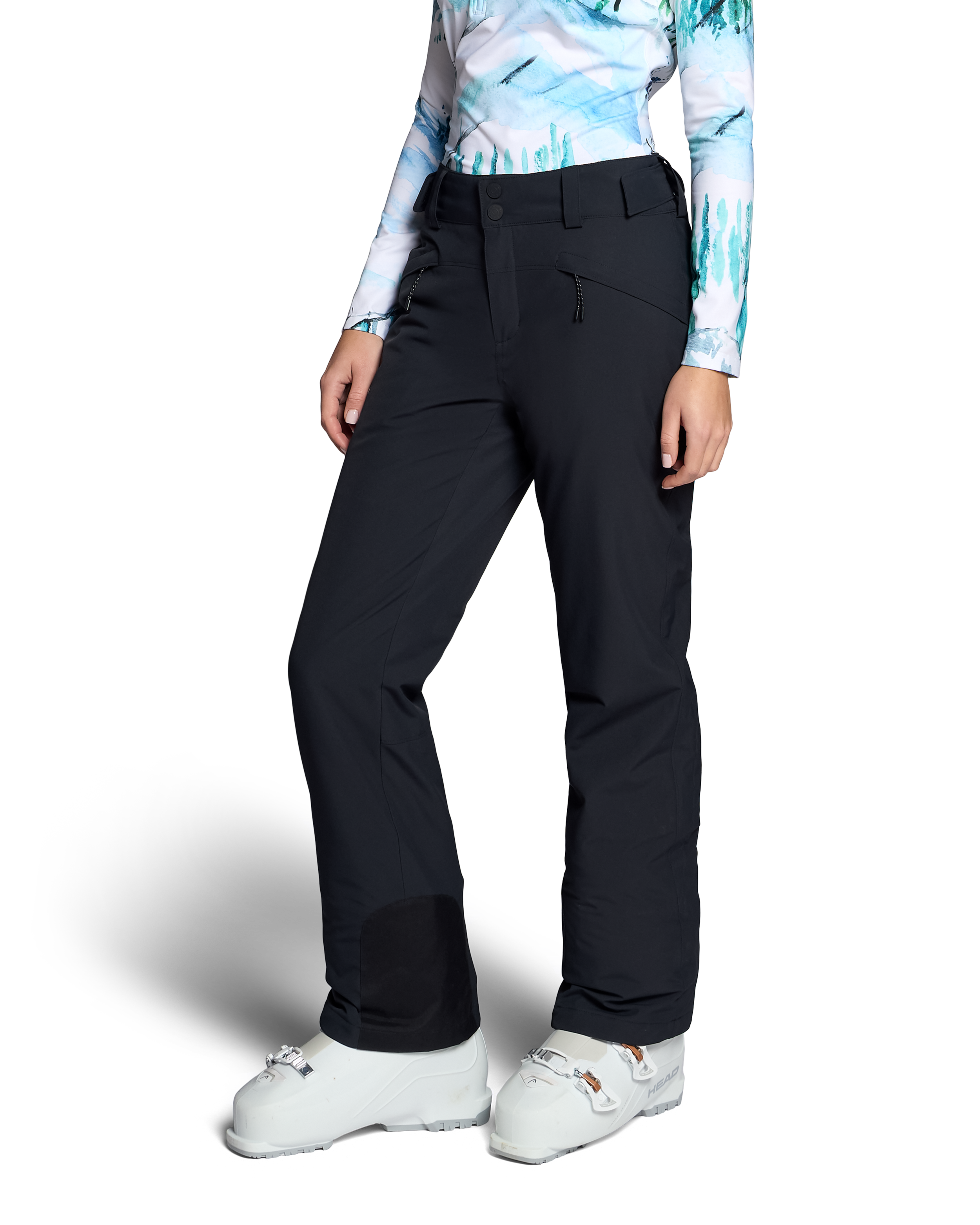 Black insulated ski pants with side pockets and angled leg shape