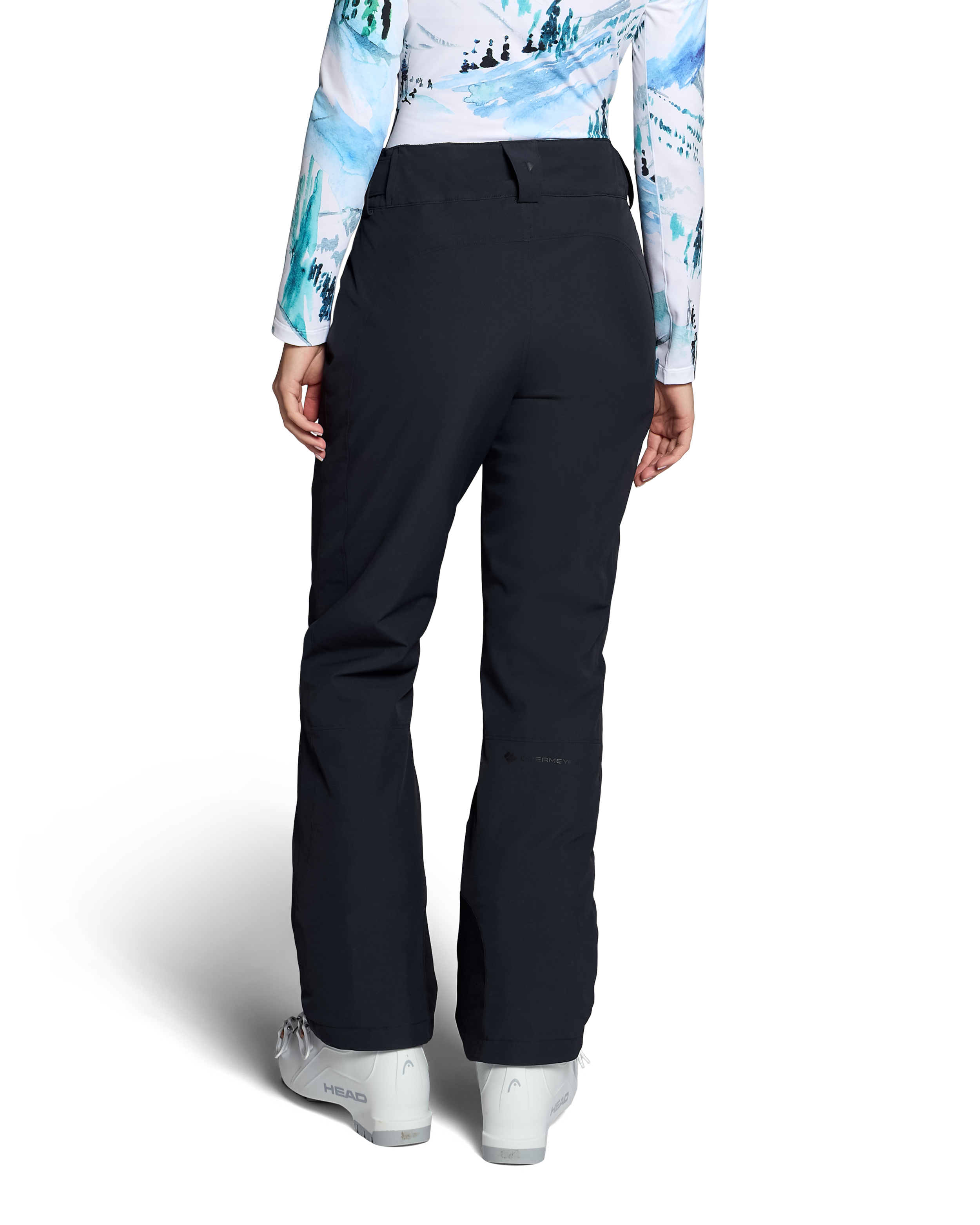 Black insulated ski pants, full-length with pockets and structured waistband