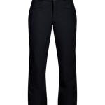Black insulated ski pants, front view with belt loops and dual button closure