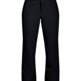 Black insulated ski pants, front view with belt loops and dual button closure