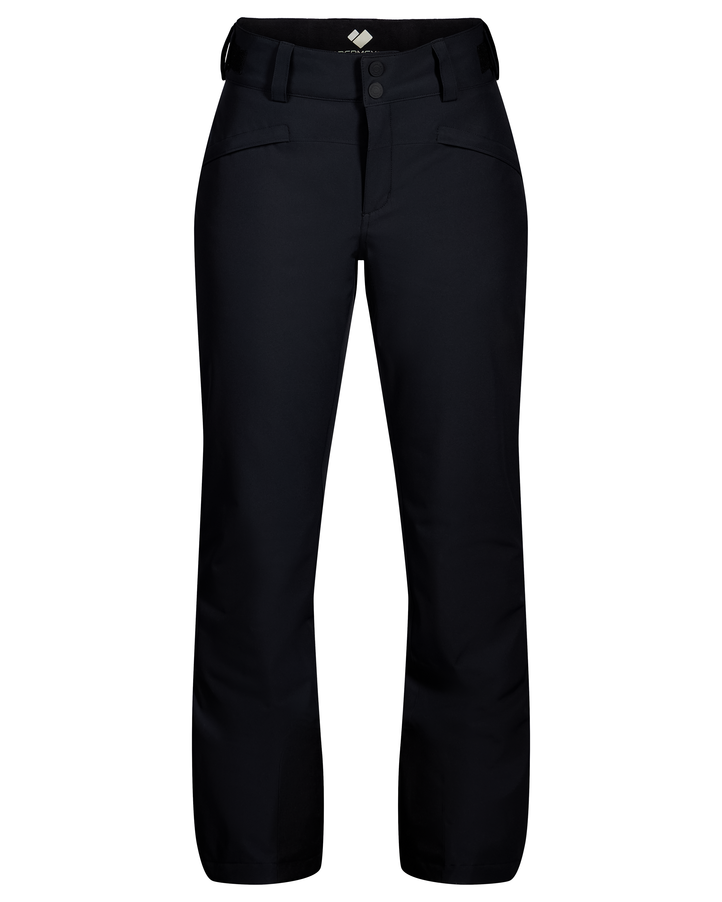 Black insulated ski pants, front view with belt loops and dual button closure