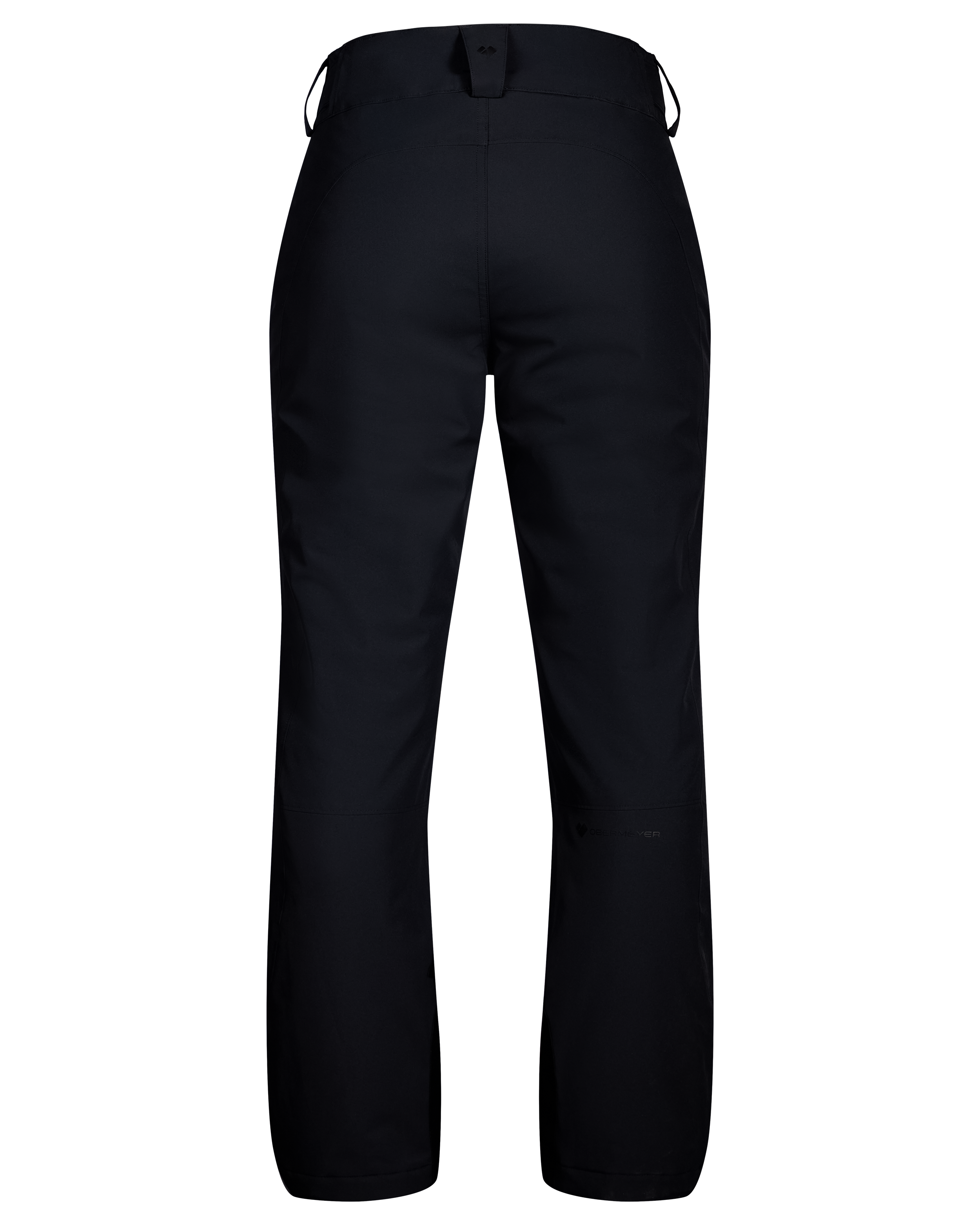 Black insulated ski pants, back view with two rear pockets and straight legs