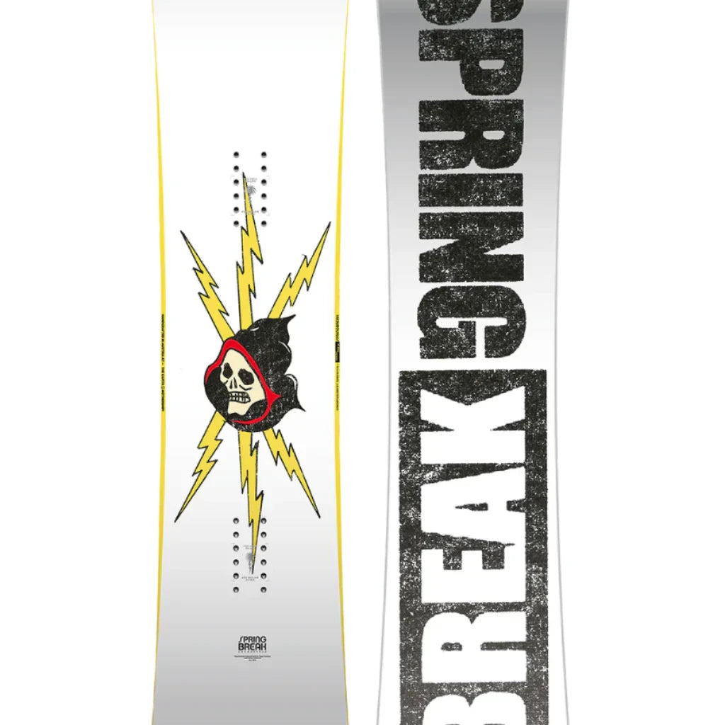 CAPiTA Spring Break Resort Twin Snowboard 2025 - White snowboard with yellow lightning bolts and a black skull wearing a red hoodie in the center.