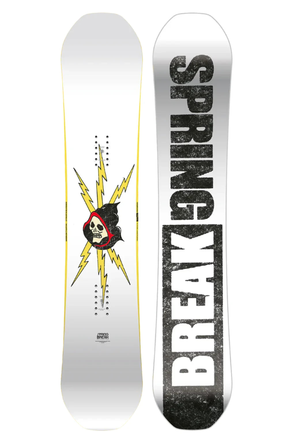 CAPiTA Spring Break Resort Twin Snowboard 2025 - White snowboard with yellow lightning bolts and a black skull wearing a red hoodie in the center.