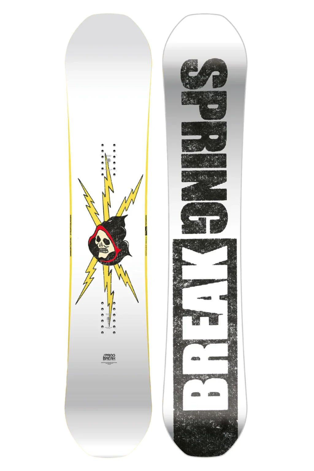 CAPiTA Spring Break Resort Twin Snowboard 2025 - White snowboard with yellow lightning bolts and a skull wearing a red hoodie in the center.