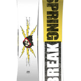 CAPiTA Spring Break Resort Twin Snowboard 2025 - A white snowboard with a black and red logo featuring a skull wearing a hooded sweatshirt, surrounded by yellow lightning bolts.