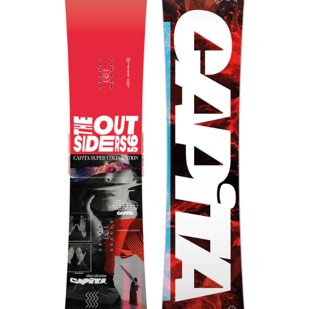 CAPiTA The Outsiders Snowboard 2025 - A red snowboard with a white logo and text on top of a black background.