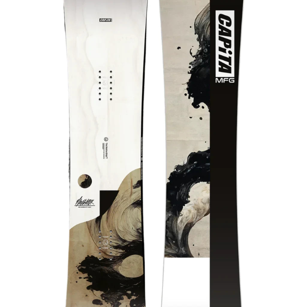 CAPiTA The Navigator Snowboard 2025 - A white snowboard with a black and tan abstract design on its top side.