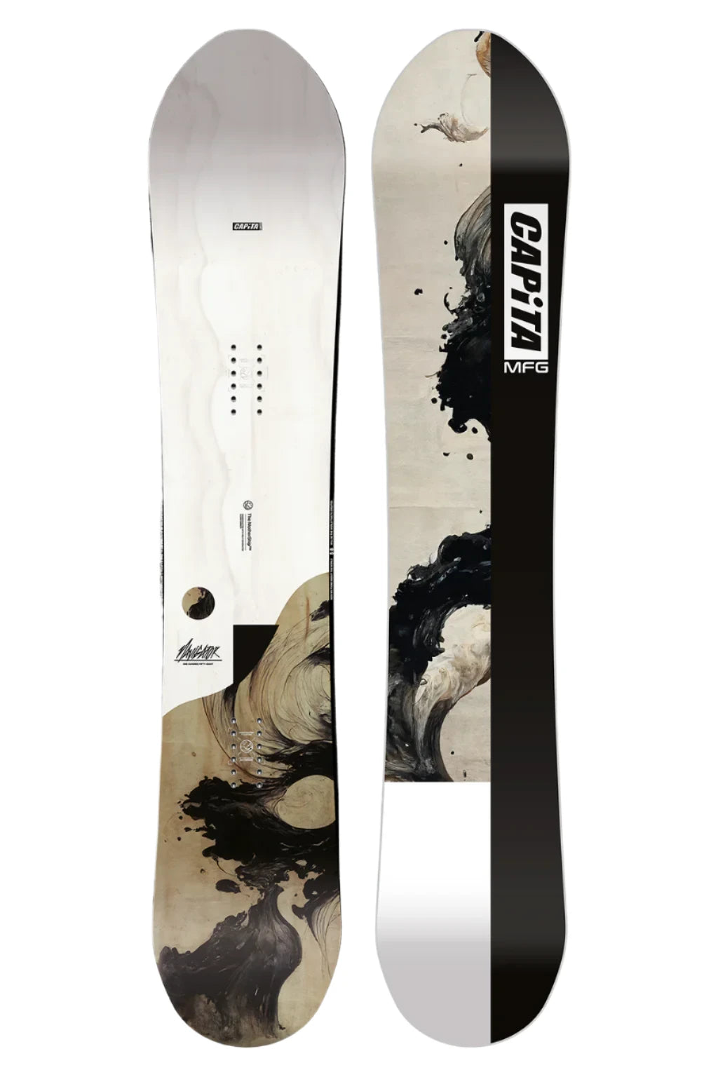 CAPiTA The Navigator Snowboard 2025 - A white snowboard with a black and tan abstract design on its top side.