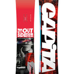 CAPiTA The Outsiders Snowboard 2025 - A red snowboard with a white logo and text on top, featuring a black-and-white image of a woman's face in the center.