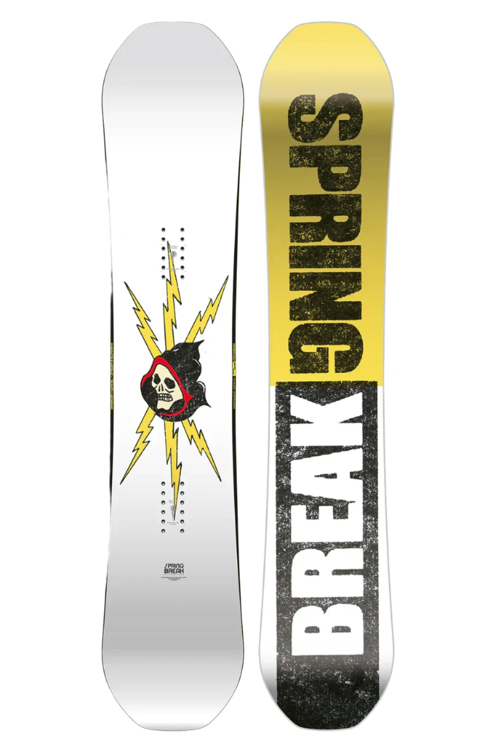 CAPiTA Spring Break Resort Twin Snowboard 2025 - A white snowboard with a black and red logo featuring a skull wearing a hoodie, surrounded by yellow lightning bolts.