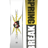 CAPiTA Spring Break Resort Twin Snowboard 2025 - A white snowboard with a black and red logo featuring a skull wearing a hoodie, surrounded by yellow lightning bolts.