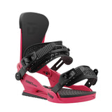 Union Junior's Cadet Pro Snowboard Binding 2025 - A pink snowboard binding with black buckles and straps, featuring a geometric pattern on the strap.