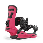 Union Junior's Cadet Pro Snowboard Binding 2025 - A pink snowboard binding with a black logo on the side and black buckles.