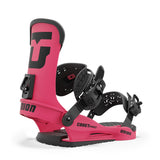 Union Junior's Cadet Pro Snowboard Binding 2025 - A pink snowboard binding with a black logo on the side and black buckles.