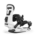Union Junior's Cadet Pro Snowboard Binding 2025 - A white snowboard binding with a black logo on the side and black buckles.