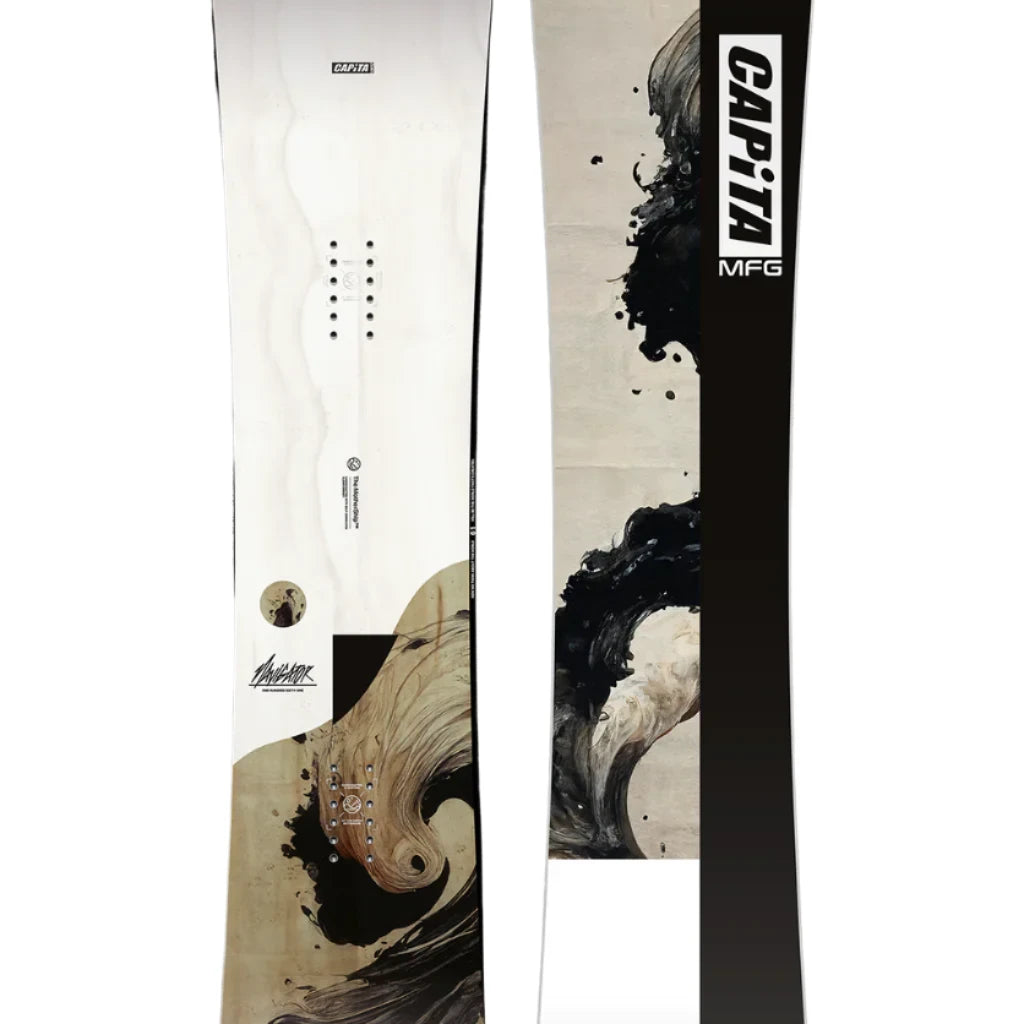CAPiTA The Navigator Snowboard 2025 - A white snowboard with a black and brown abstract design on its bottom.