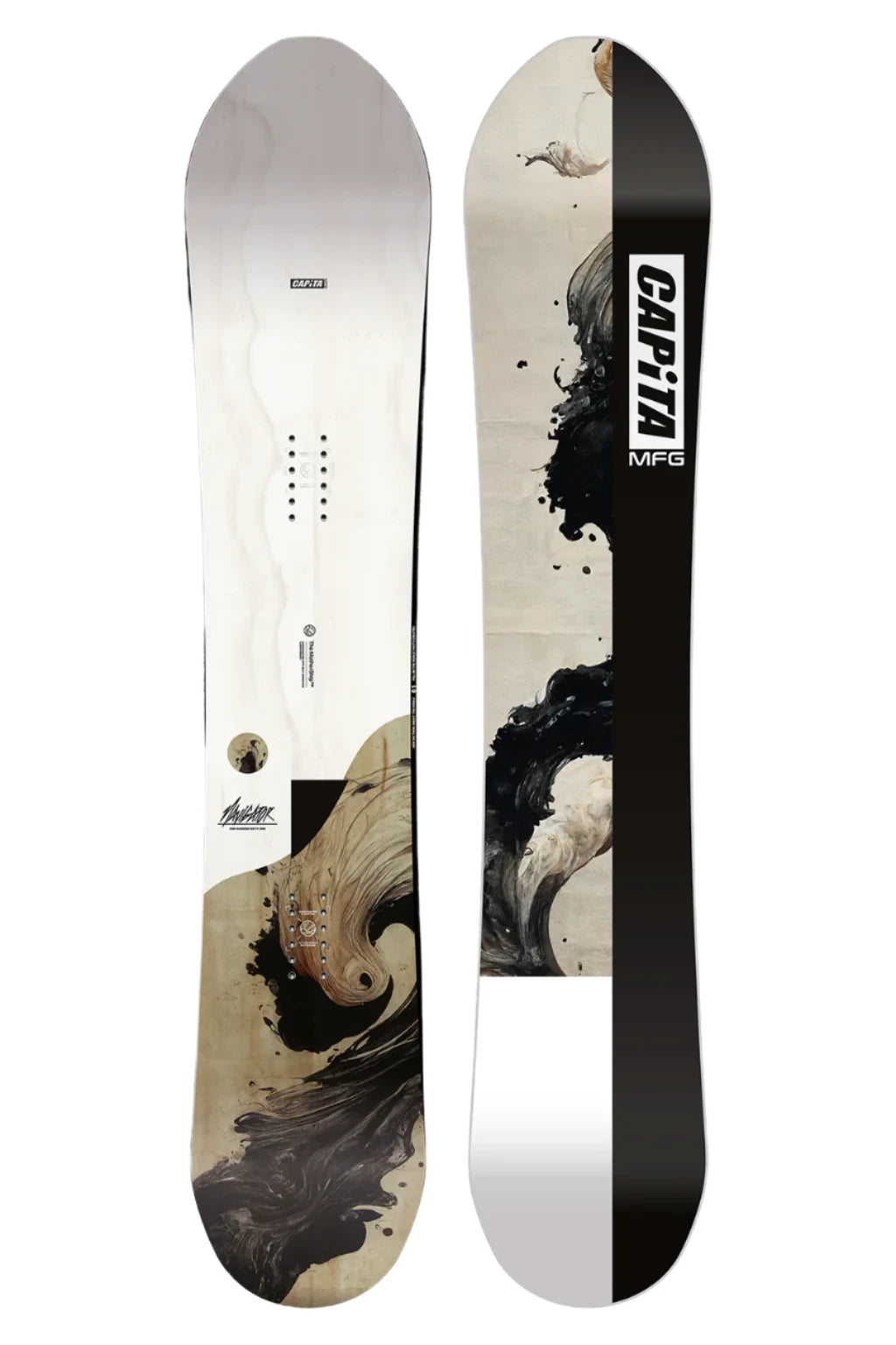 CAPiTA The Navigator Snowboard 2025 - A white snowboard with a black and brown abstract design on its bottom.