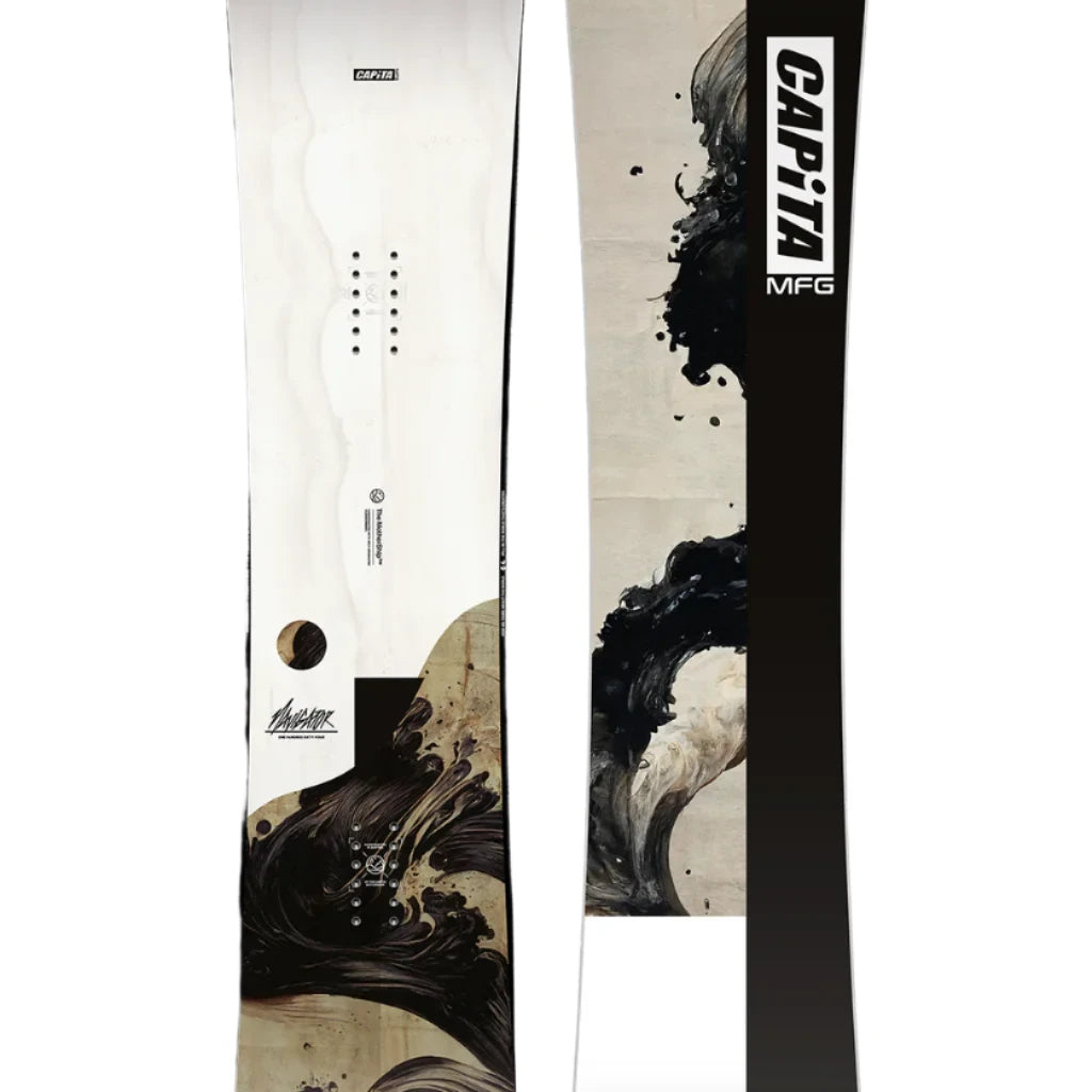 CAPiTA The Navigator Snowboard 2025 - A white snowboard with black and brown abstract wave design on top of a beige background.