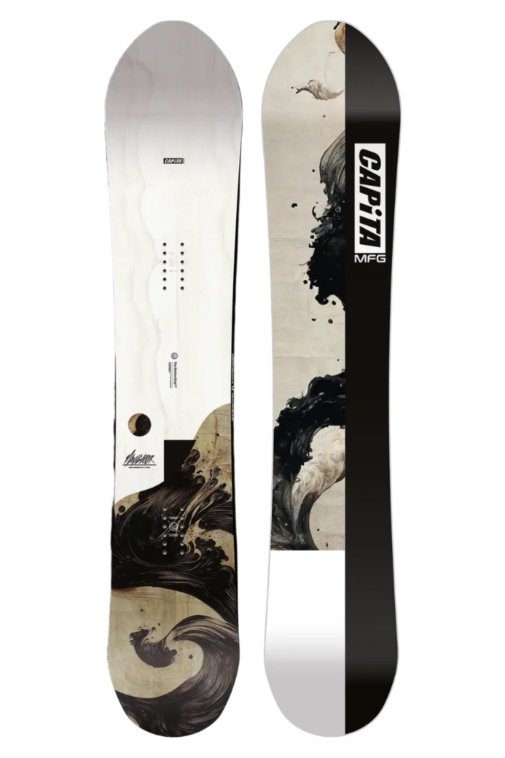 CAPiTA The Navigator Snowboard 2025 - A white snowboard with black and brown abstract wave design on top of a beige background.