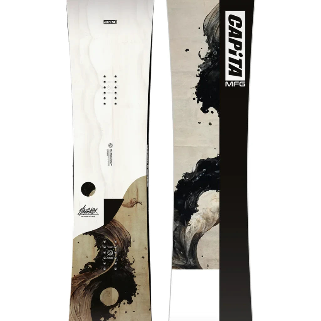 CAPiTA The Navigator Snowboard 2025 - A white snowboard with a black logo and text on top, featuring a brown graphic of a man riding a wave.