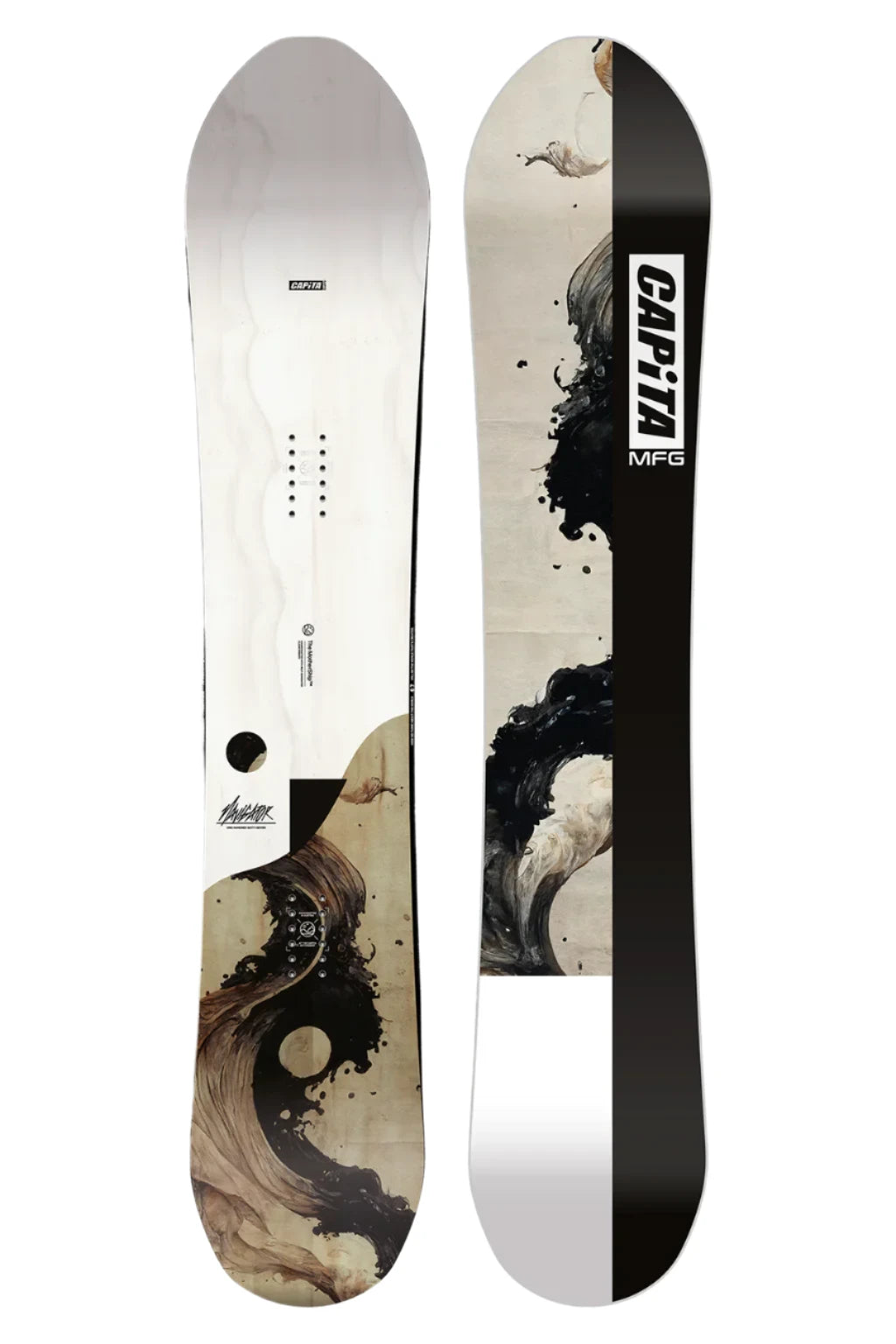 CAPiTA The Navigator Snowboard 2025 - A white snowboard with a black logo and text on top, featuring a brown graphic of a man riding a wave.