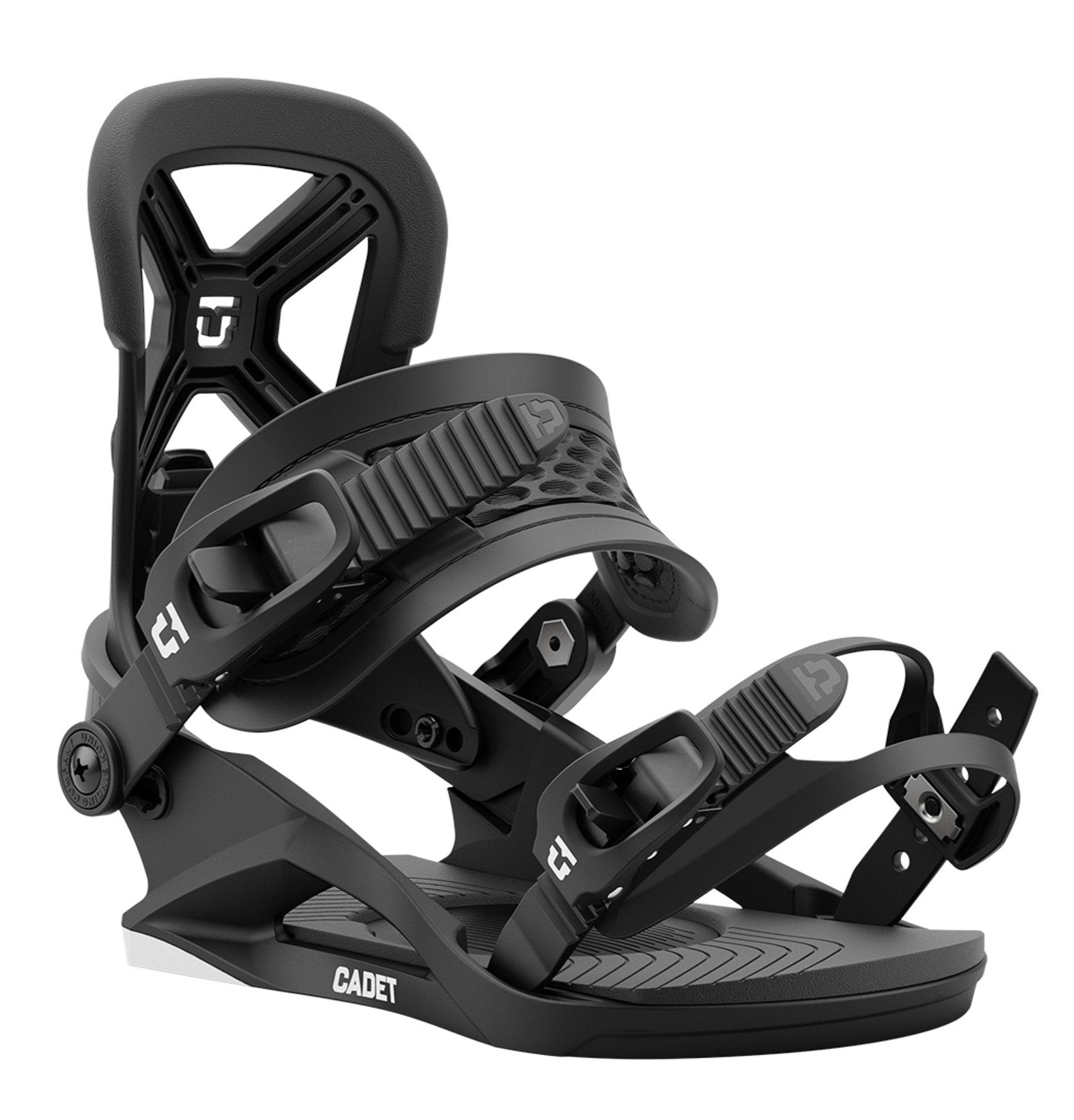 Union Junior's Cadet Snowboard Binding 2025 - A black snowboard binding with a textured strap and a white logo on the buckle.
