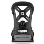 Union Junior's Cadet Snowboard Binding 2025 - A black snowboard binding with a white logo on top and a gray base plate.